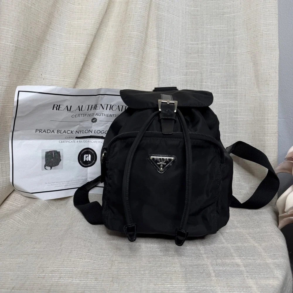 Prada Vela Mini Backpack Chinch Tessuto Nylon Leather Trim Triangle Logo Black